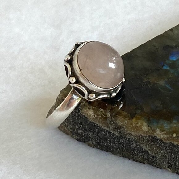 Sterling Silver 925 Round Bezel Set Rose Quartz Cabochon Band Ring Size 6 - Picture 5 of 16